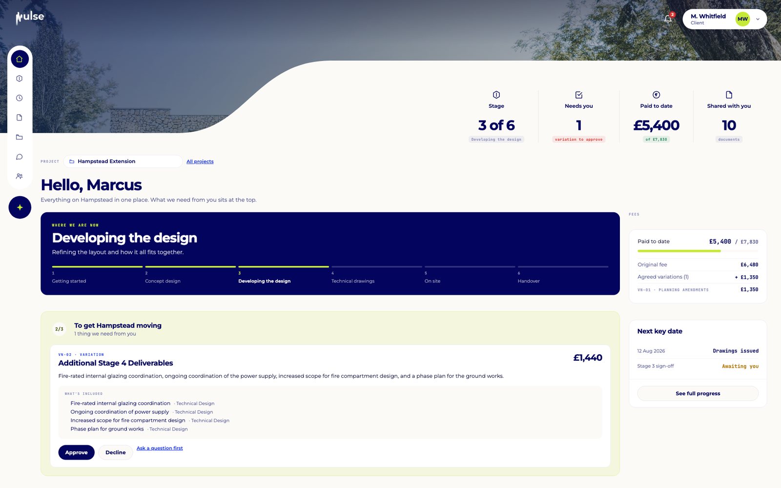 Client portal home: project stage, items awaiting the client's approval and next key date