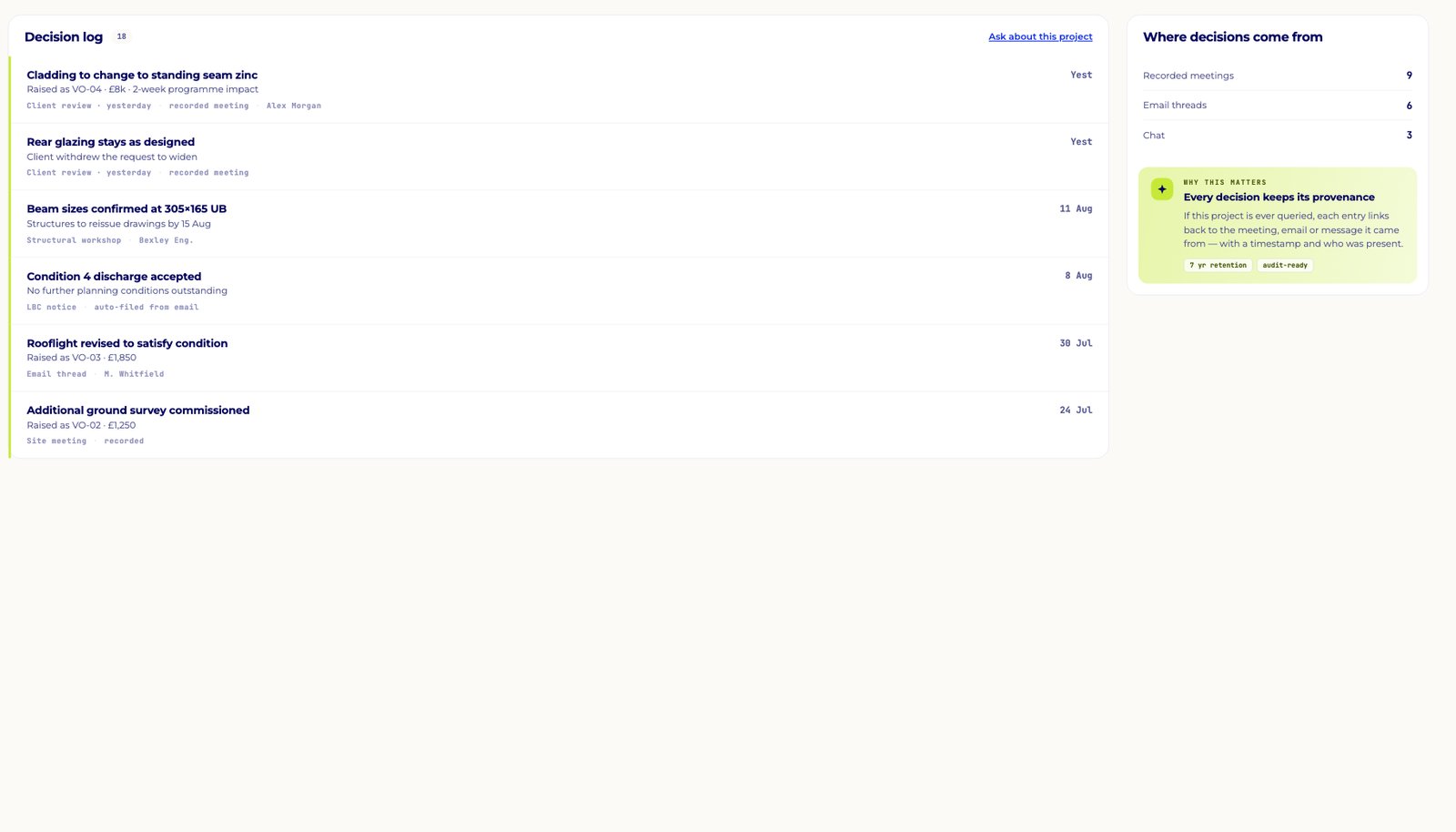 Project decision log with the source of each decision
