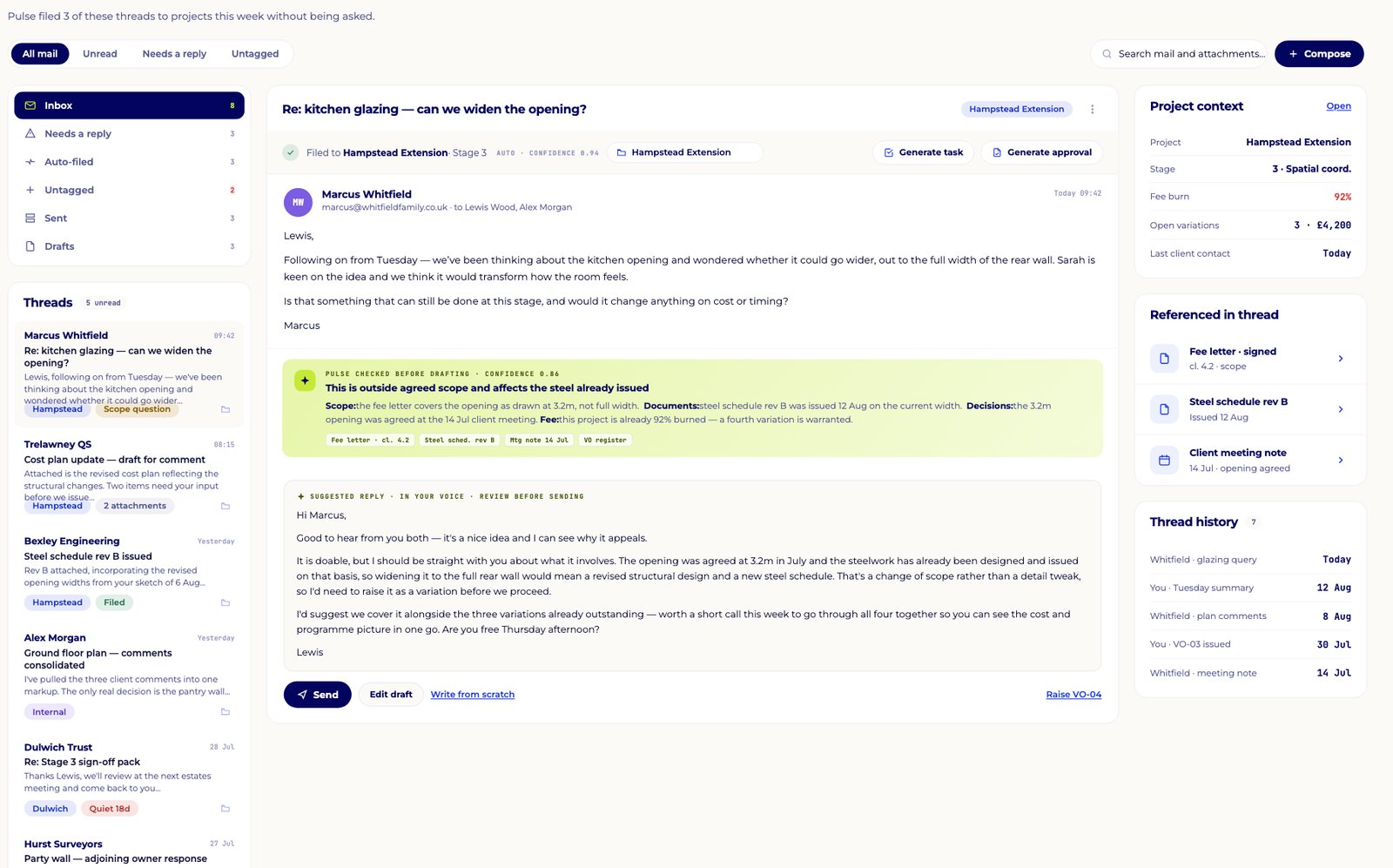Project inbox with a client email, a scope check and a drafted reply