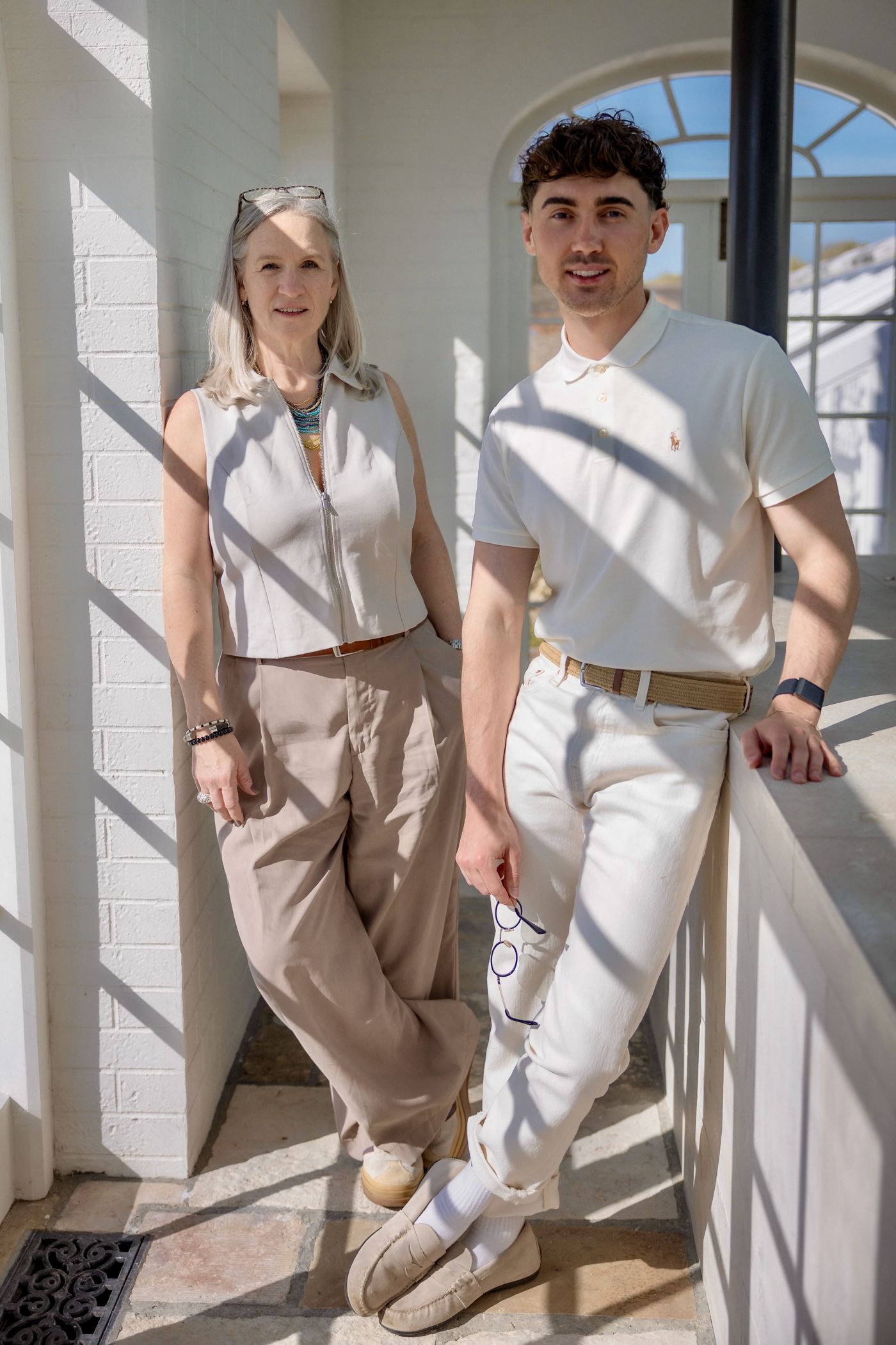 Lindsay Mattinson and Lewis Wood in the sunlit colonnade